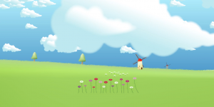 Animated Field cloud flower grass tree windmill 3D graphics