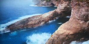 Rocky Shore tree waves fog island