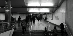 Subway handrail people platform sign stair